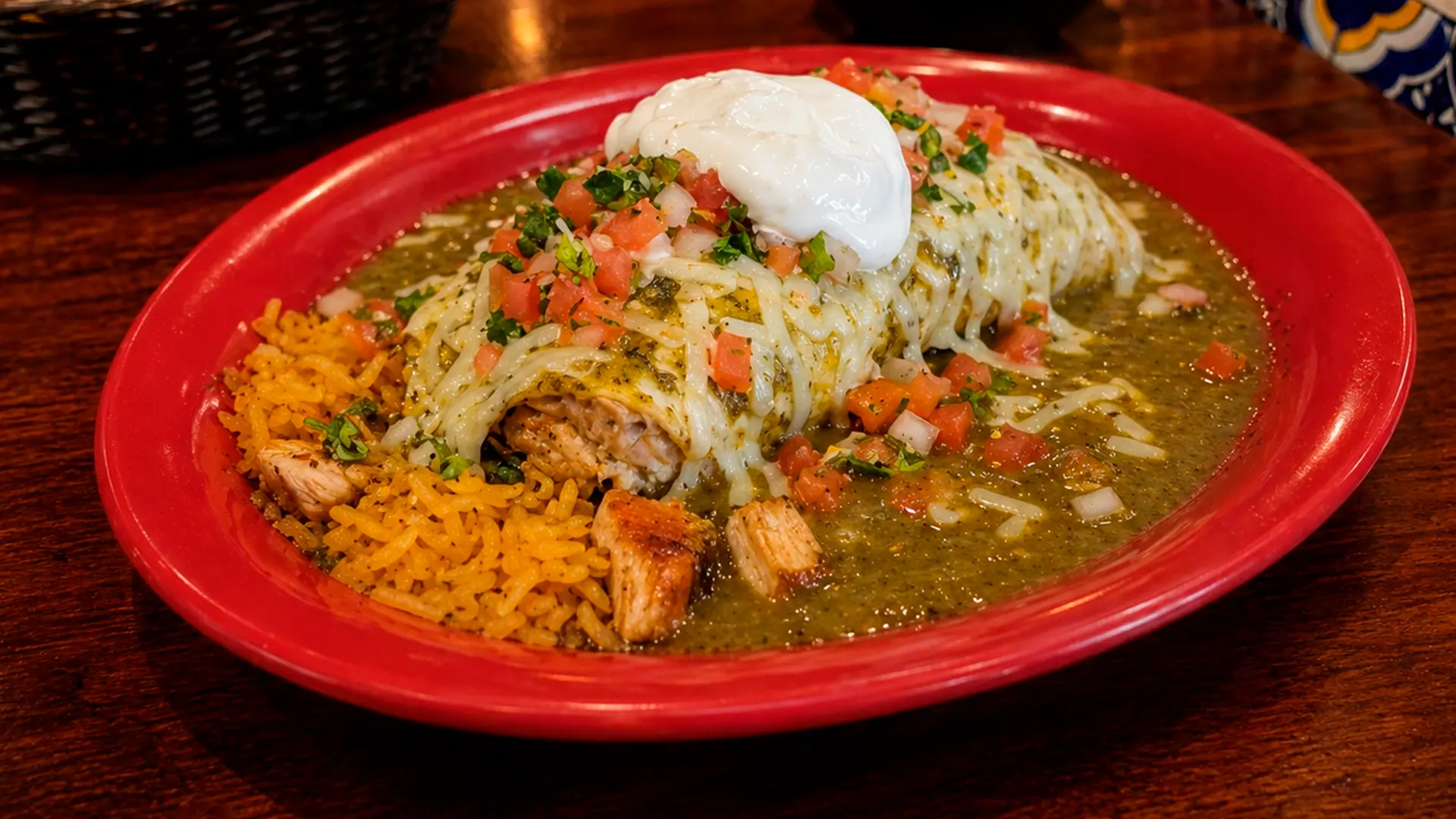 Chimichanga smothered in salsa verde with Mexican rice